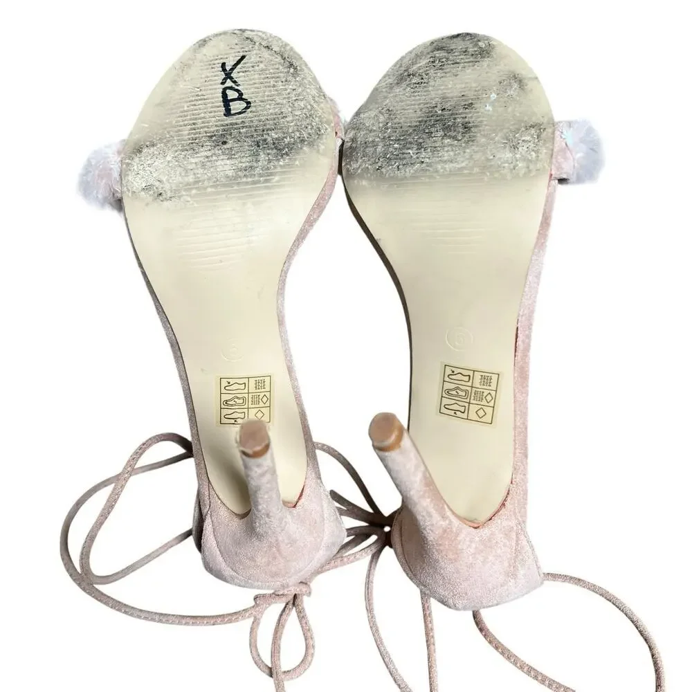 Simmi London Tan Beige Suede Stiletto Heel Feathered Sandals Size 8
